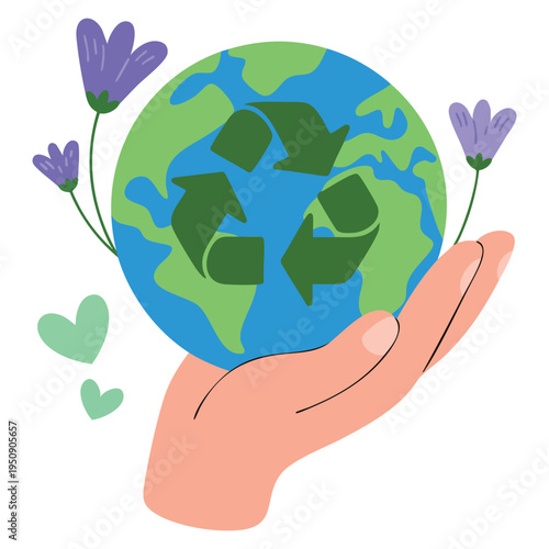 Hand holding planet with recycling symbol zero waste movement support environmental protection and green living give things concept illustration
