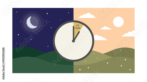 Daylight Saving Time concept with clock, showing spring forward +1 hour.