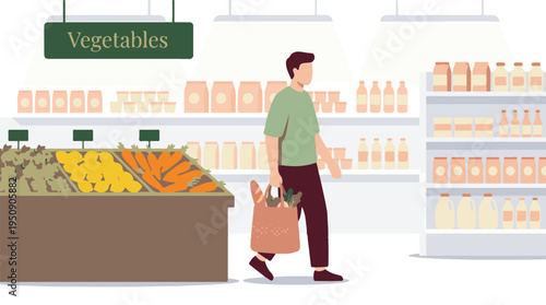Man customer shopping for fresh groceries in supermarket aisle with vegetables