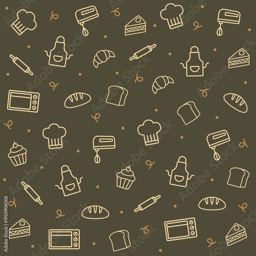 Minimal outlined kitchen pattern with chef hat, apron, and assorted ingredients such as carrot, eggplant, tomato, egg, and more on a dark grey background.