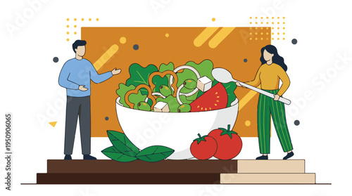 Healthy eating concept with people preparing a fresh vegetable salad