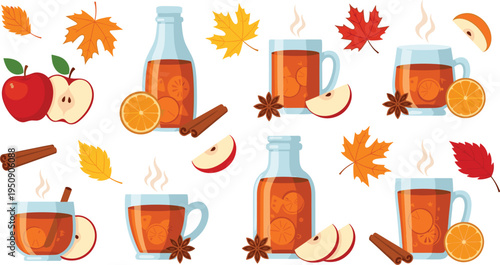Autumn hot apple cider drink collection with cinnamon orange slices maple leaves and warm seasonal beverage vector set