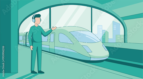 Man with headphones standing next to a modern train at an urban station