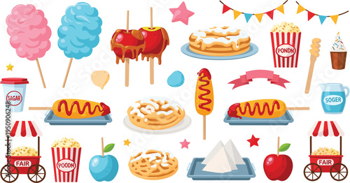 Carnival Fair Food Vector Set with Cotton Candy, Caramel Apples, Hot Dogs, Popcorn and Festival Snacks Illustration