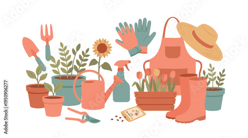 Gardening tools and plants flat lay illustration, hobby and leisure concept