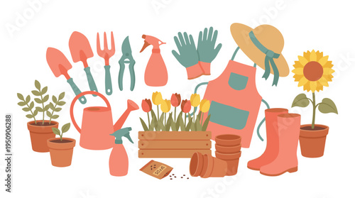 Flat vector illustration of various gardening tools, plants, and spring flowers