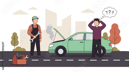 Mechanic assists frustrated driver with broken down car on roadside