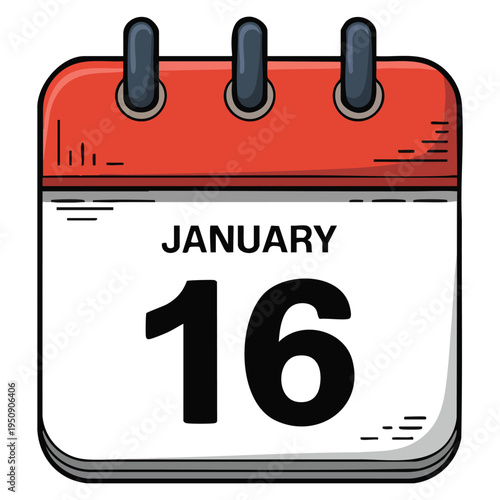 January 16 calendar icon text page monthly web design in red black and white background vector illustration for date reminder concept