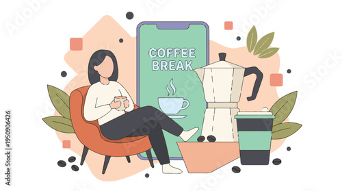 Woman enjoying a coffee break with smartphone, moka pot, and cup