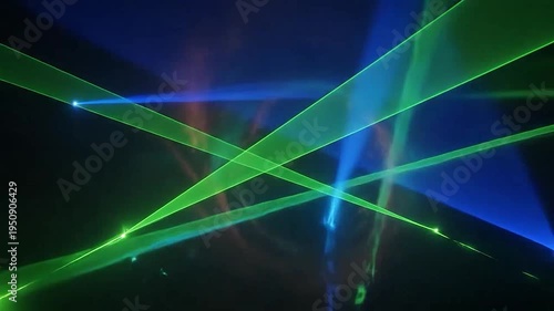 Abstract glowing geometric shapes with colorful light beams on a dark background
