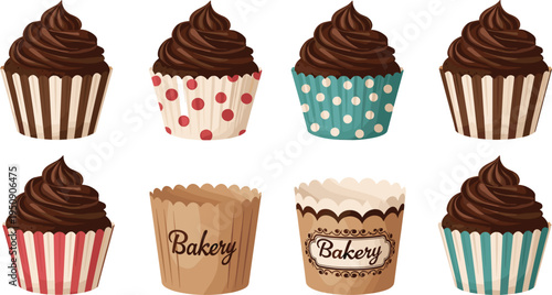 Chocolate cupcake bakery collection with decorative paper wrappers striped and polka dot liners dessert vector illustration set