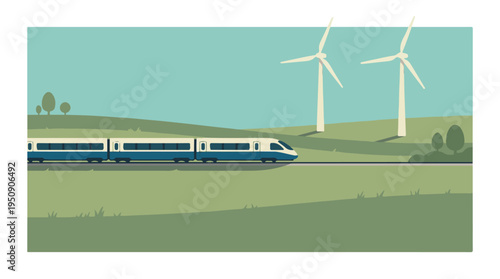 Modern train and wind turbines in a sustainable green landscape illustration