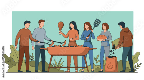 Happy Friends Grilling Sausages and Food at Outdoor Barbecue Party