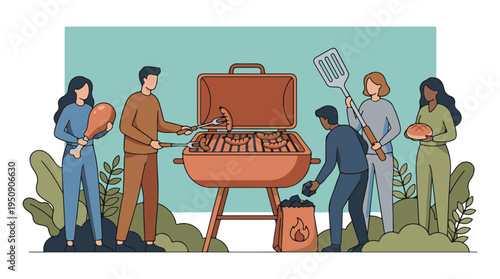 Friends having a barbecue party, cooking sausages and enjoying food outdoors