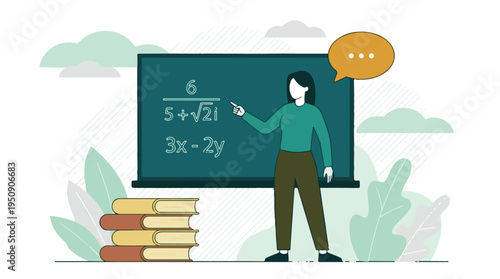 Female Teacher Explaining Math Equations on Blackboard with Books