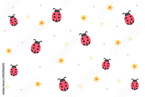 Cartoon ladybug seamless pattern. Ladybugs and yellow flowers on white pink background. Bright spring style. Seamless vector pattern.