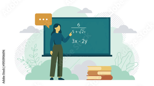 Female Teacher Explaining Math Equations on Blackboard in Classroom