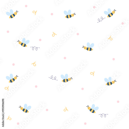 Cute bee seamless pattern. Minimal cartoon bees on clean white background. Simple nature style. Seamless vector decorative pattern.