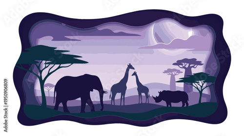 Paper Cut Style African Safari Landscape with Wild Animals at Twilight