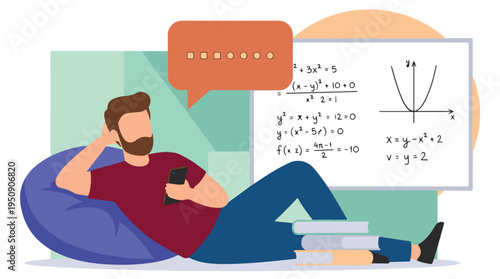 Relaxed man learning mathematics online at home with smartphone and whiteboard
