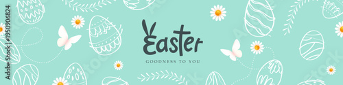 Happy easter banner background with typography Cute hand drawn easter eggs spring time nature, fun easter decoration. Horizontal poster, greeting card, header for website.