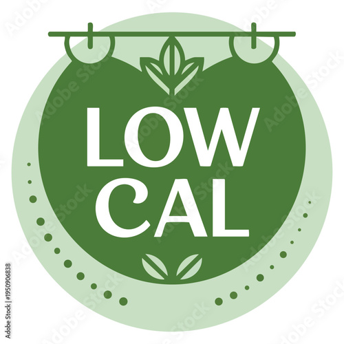 Low Cal stamp combining pin mark and weight scales pictogram, dietary low cal food products emblem isolated vector design for packaging
