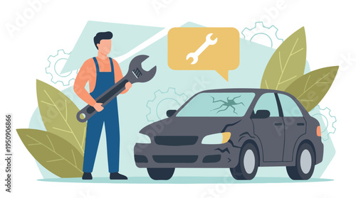 Car mechanic with wrench ready to repair broken vehicle, auto service