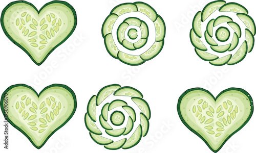 Creative cucumber slice shapes set with heart and spiral vegetable arrangements for healthy food decoration and organic salad design
