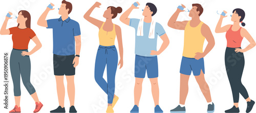 Flat vector illustration set of diverse people in sportswear drinking water and staying hydrated during fitness workout session