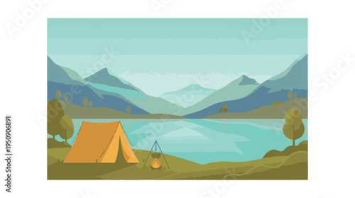 Camping by a tranquil mountain lake with tent and campfire illustration
