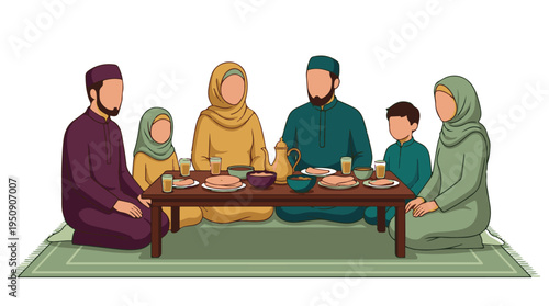 Illustration of a Muslim family sharing a traditional meal, Iftar celebration