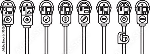 Various styles of parking meters illustrated in a line-up Vector