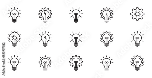 Innovative light bulb icons set with gear elements and line art style for creative business concept