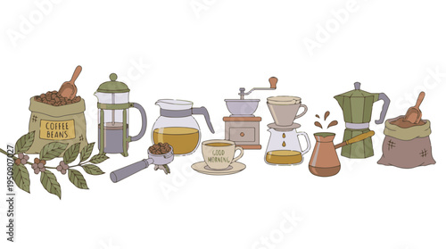 Coffee brewing process with various equipment, beans, and cup illustration