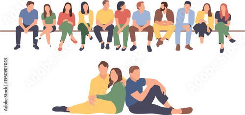 Flat vector illustration of diverse people sitting together in a row and a group of friends relaxing outside,