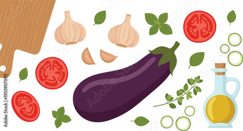 Eggplant Cooking Ingredients Set with Aubergine, Garlic, Tomato, Herbs, Olive Oil and Cutting Board for Healthy Mediterranean Food Vector Illustration