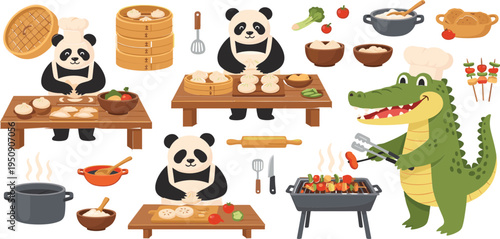 Cute Animal Cooking Set with Panda Dumpling Chef and Crocodile BBQ Grill Master Cartoon Vector Illustration