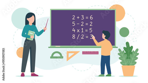 Teacher and student learning math on blackboard in a classroom setting