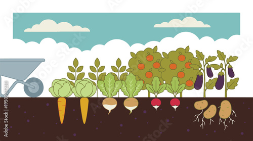 Flat illustration of a bountiful vegetable garden showing various crops