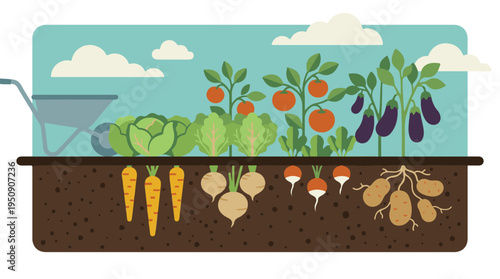 Vibrant flat illustration of a garden with various vegetables and root crops
