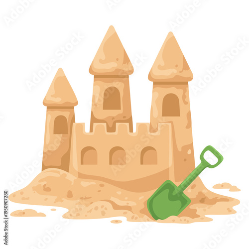 Minimalist sandcastle with towers and shovel cartoon vector illustration showing pointed turrets and spade in front ideal for summer beach artwork