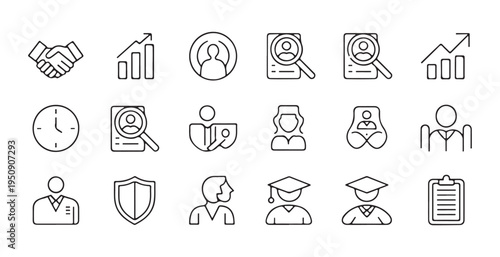 Business people and recruitment line icons set featuring handshake job interview and career progress