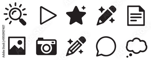 Universal interface icon set featuring search play star pencil document photo and thought bubble