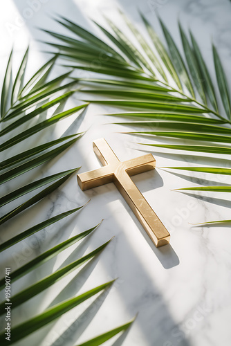 Gold cross on white marble background with green palm leaves for good friday and jesus christ crucifixion sacrifice holy week spiritual religious christian faith concept