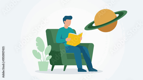 Illustration of person reading a book in armchair, imagining planet Saturn