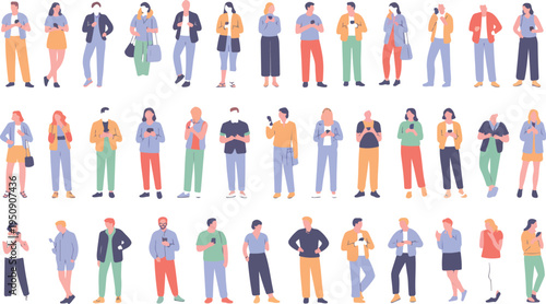 Flat vector illustration of a large group of diverse people using smartphones and mobile devices isolated on white,