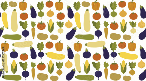 Seamless pattern of various cartoon vegetables like zucchini, peppers, and corn