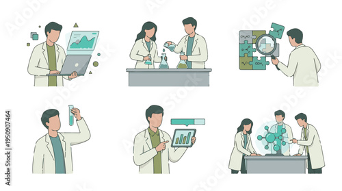 Scientists conducting research, experiments, and data analysis in a lab