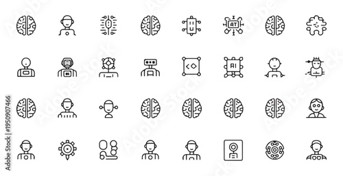 Artificial intelligence and human brain line icons representing machine learning and neural network