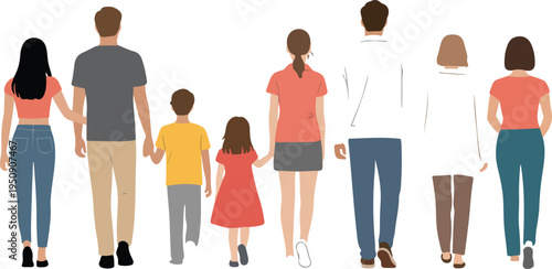 Flat vector illustration of diverse group of people and children walking away in a row isolated on white,